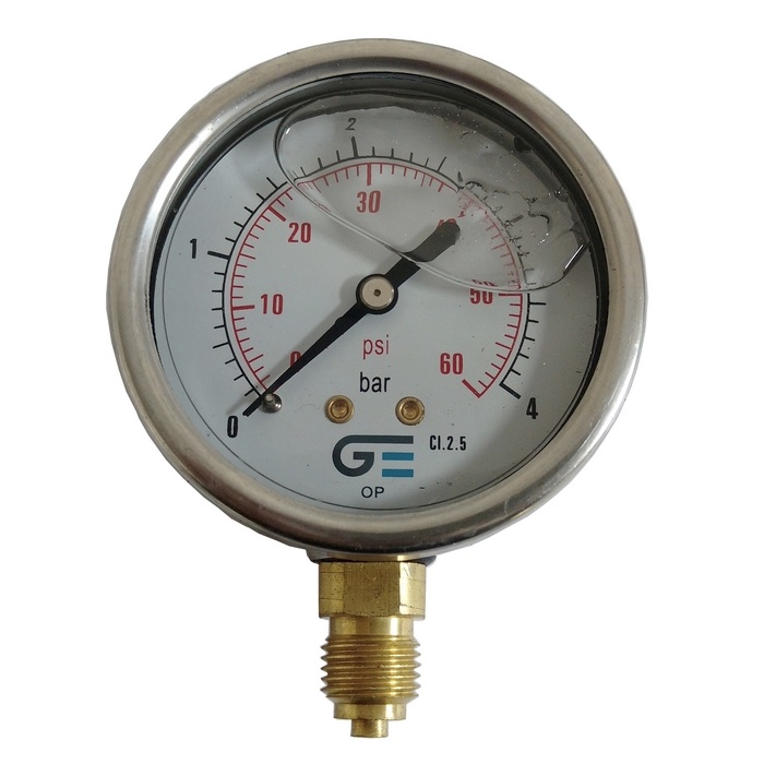 Manômetro Vertical 60 PSI / 4 Bar Com Rosca 1/4" BSP, Caixa Em Inox/Glicerina Ø 63 mm 