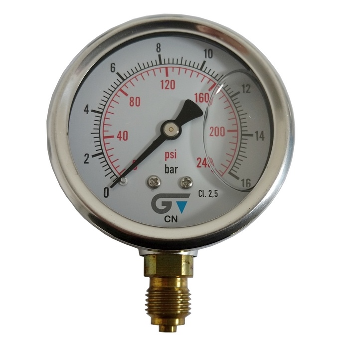 Manômetro Vertical 240 PSI / 16 Bar Com Rosca 1/4" BSP, Caixa Em Inox/Glicerina Ø 63 mm 