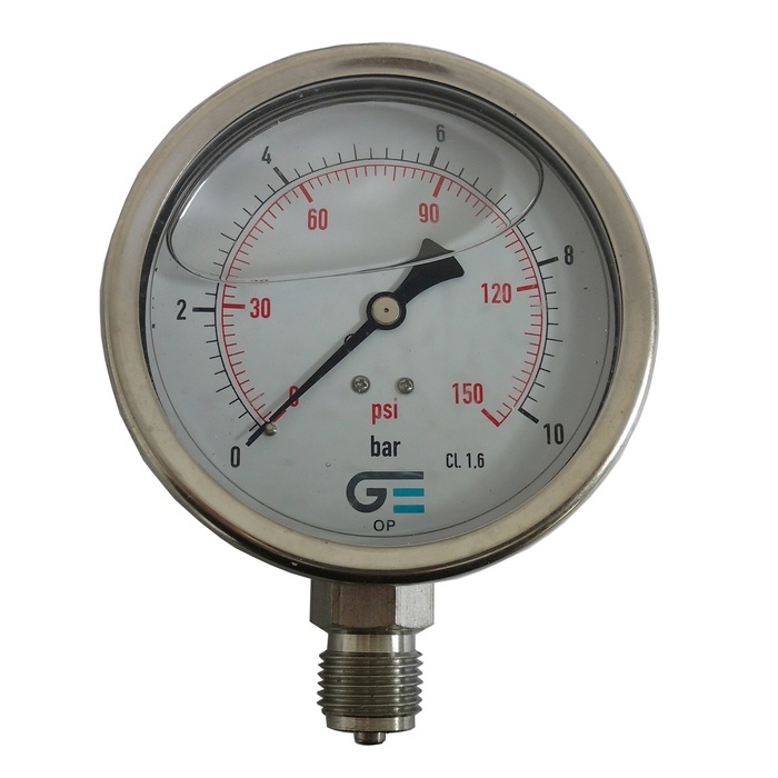 Manômetro Vertical 150 PSI / 10 Bar Com Rosca 1/2" BSP, Total Inox/Glicerina Ø 100 mm 