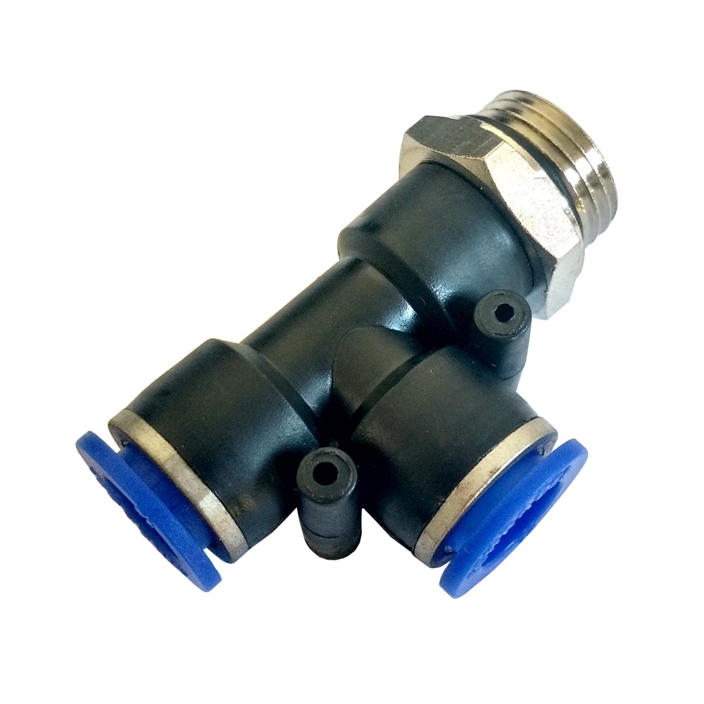 Tee Macho Lateral Tubo 8 mm x Rosca Macho 3/8" BSP - PST-G (Conexão Pneumática Instantânea)