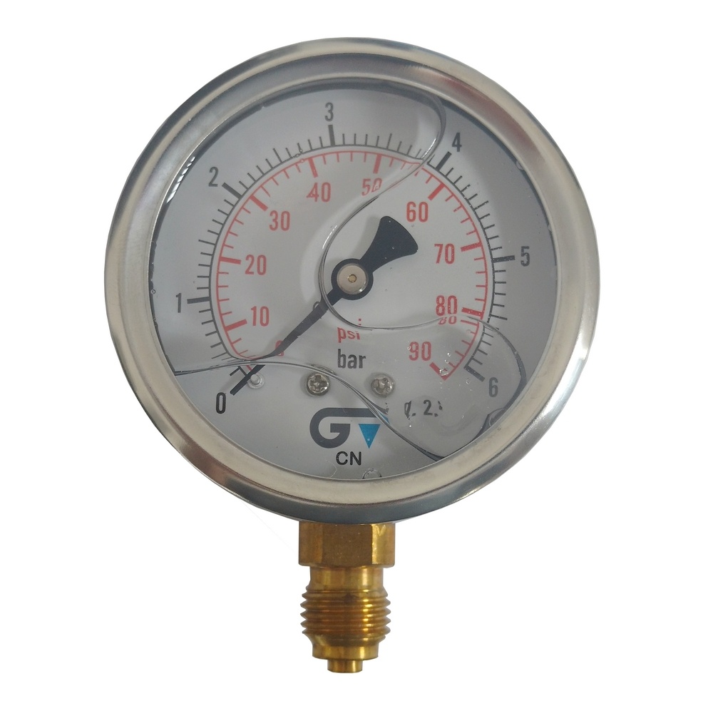 Manômetro Vertical 90 PSI / 6 Bar Com Rosca 1/4" BSP, Caixa Em Inox/Glicerina Ø 63 mm 