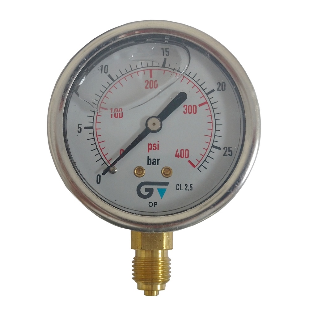 Manômetro Vertical 400 Psi / 25 Bar Com Rosca 1/4" BSP, Caixa Em Inox/Glicerina Ø 63 mm 