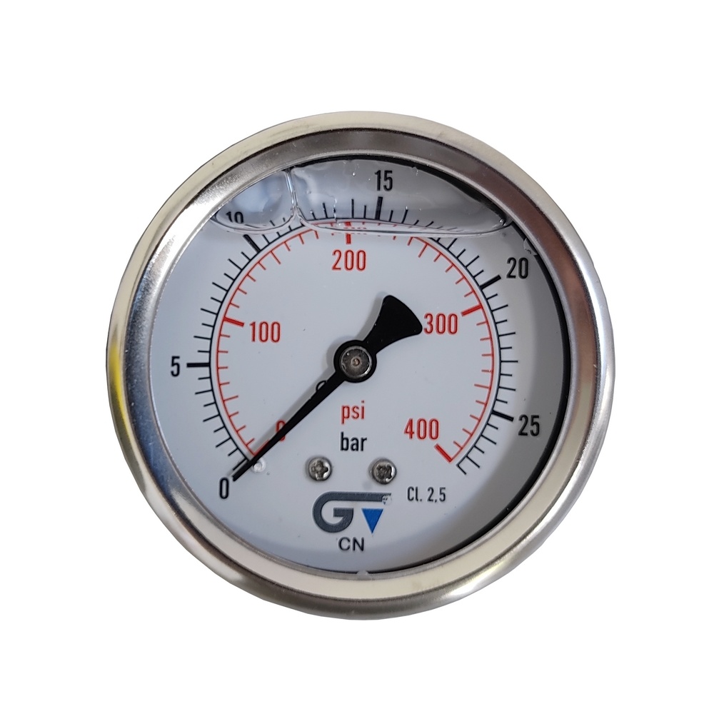 Manômetro Horizontal 400 Psi / 25 Bar Com Rosca 1/4" BSP, Caixa Em Inox/Glicerina Ø 63 mm 