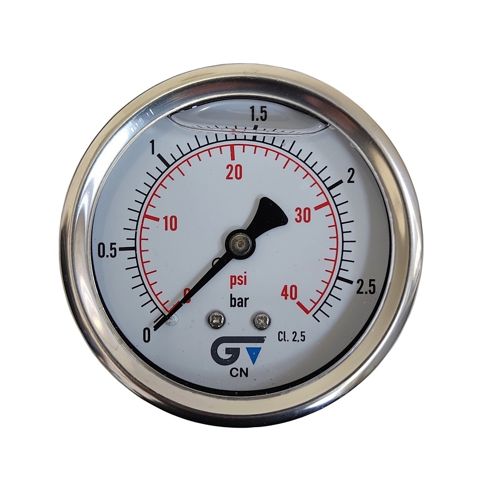 Manômetro Horizontal 40 Psi / 2,5 Bar Com Rosca 1/4" BSP, Caixa Em Inox/Glicerina Ø 63 mm 