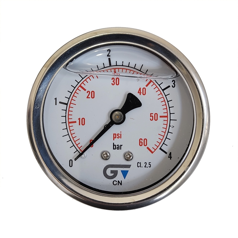 Manômetro Horizontal 60 Psi / 4 Bar Com Rosca 1/4" BSP, Caixa Em Inox/Glicerina Ø 63 mm 