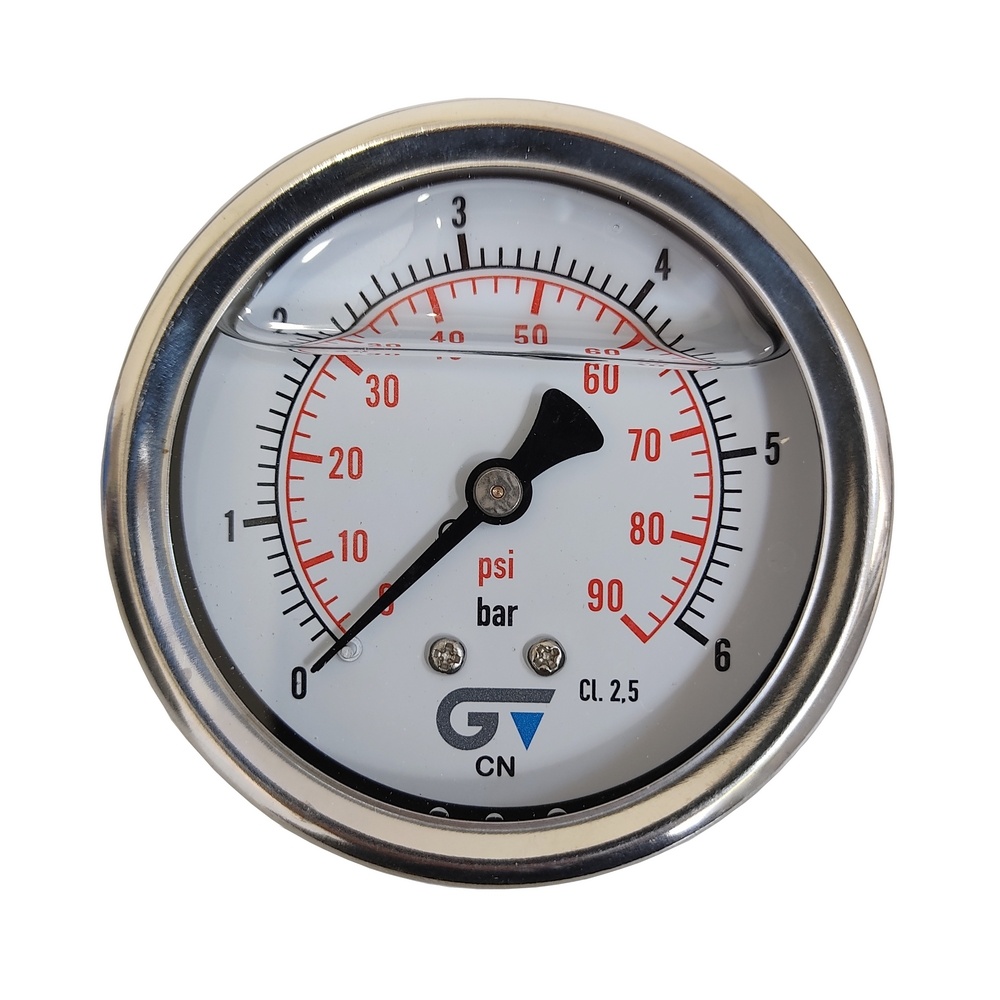 Manômetro Horizontal 90 Psi / 6 Bar Com Rosca 1/4" BSP, Caixa Em Inox/Glicerina Ø 63 mm 