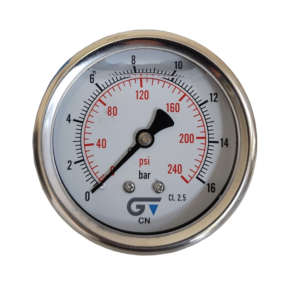 Manômetro Horizontal 240 Psi / 16 Bar Com Rosca 1/4" BSP, Caixa Em Inox/Glicerina Ø 63 mm 