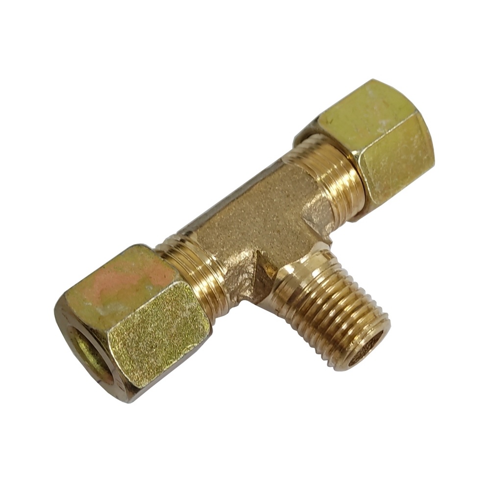 Tee Macho Central Tubo 8 mm x 1/4" NPT - Latão c/ Porca em Aço 
