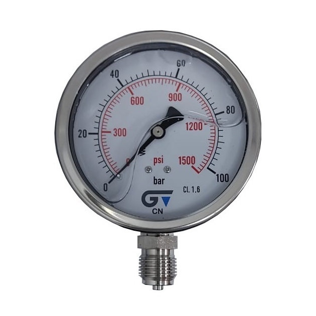 Manômetro Vertical 1500 PSI / 100 Bar Com Rosca 1/2" BSP, Total Inox/Glicerina Ø 100 mm 