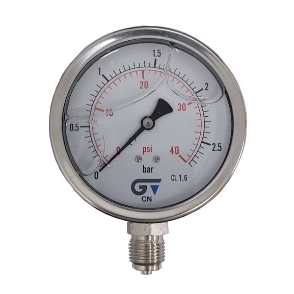 Manômetro Vertical 40 PSI / 2,5 Bar Com Rosca 1/2" BSP, Total Inox/Glicerina Ø 100 mm 