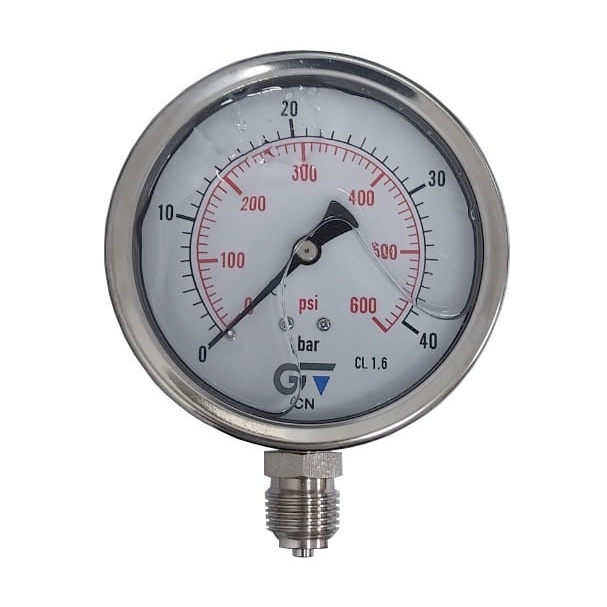 Manômetro Vertical 600 PSI / 40 Bar Com Rosca 1/2" BSP, Total Inox/Glicerina Ø 100 mm 