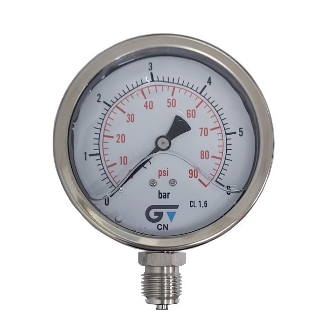 Manômetro Vertical 90 PSI / 6 Bar Com Rosca 1/2" BSP, Total Inox/Glicerina Ø 100 mm 