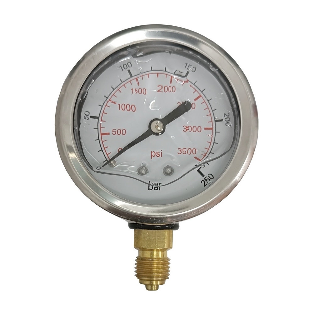 Manômetro Vertical 3500 PSI / 250 Bar c/ Rosca 1/4" BSP, Caixa Inox/Glicerina Ø 63 mm 