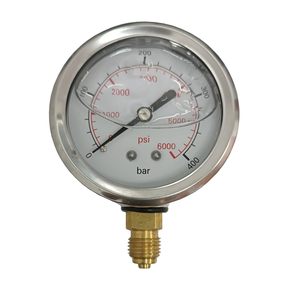 Manômetro Vertical 6000 PSI / 400 Bar c/ Rosca 1/4" BSP, Caixa Inox/Glicerina Ø 63 mm 