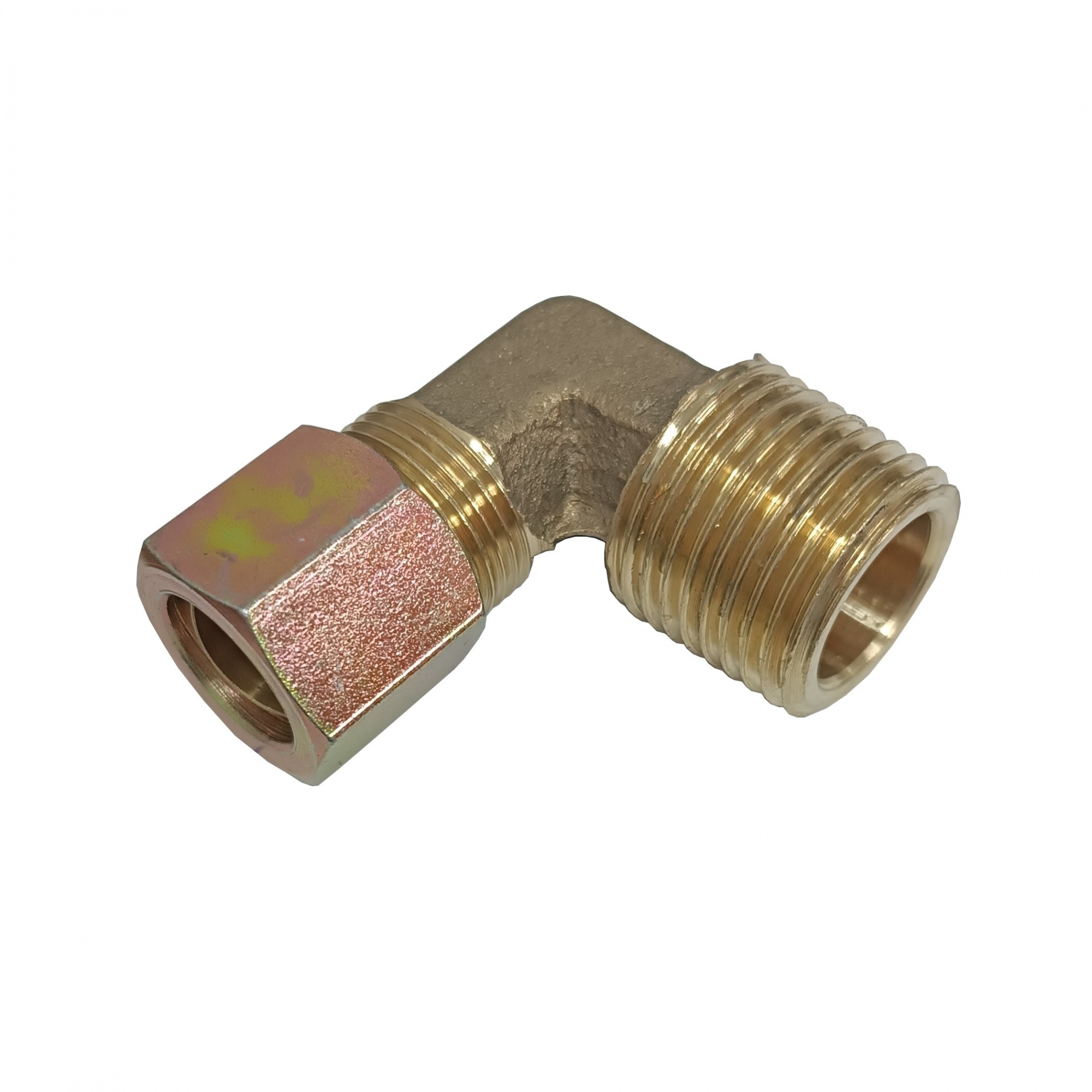 Cotovelo União Tubo 4 mm x Macho 1/8" NPT - Latão c/ Porca em Aço 