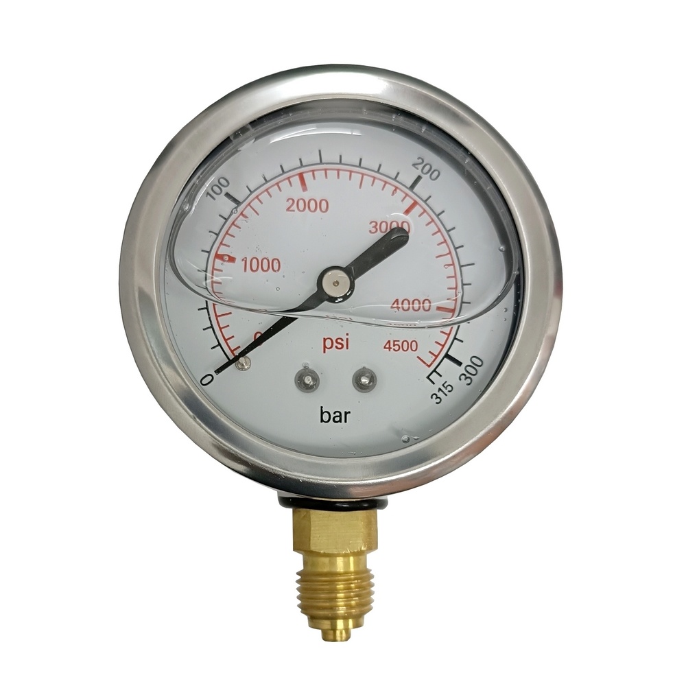 Manômetro Vertical 4500 PSI / 315 Bar c/ Rosca 1/4" BSP, Caixa Inox/Glicerina Ø 63 mm 