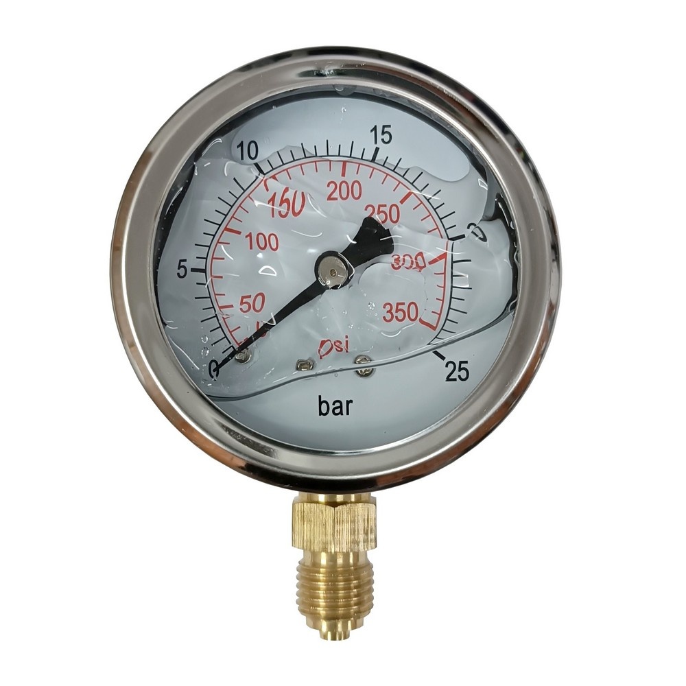 Manômetro Vertical 350 Psi / 25 Bar Com Rosca 1/4" BSP, Caixa Em Inox/Glicerina Ø 63 mm 