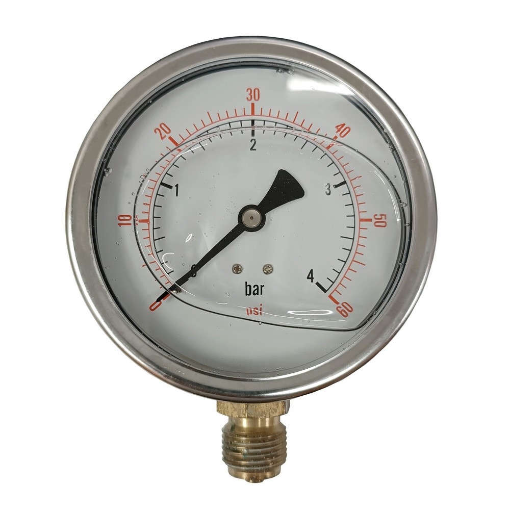 Manômetro Vertical 60 PSI / 4 Bar c/ Rosca 1/2" BSP, Caixa em Inox/Glicerina Ø 100 mm 