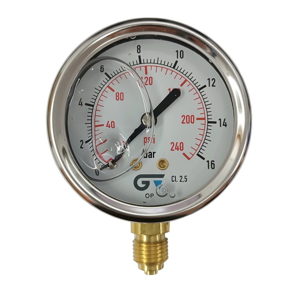 Manômetro Vertical 240 PSI / 16 Bar com Rosca 1/4" BSP e Caixa em Inox/Glicerina Ø 63 mm 