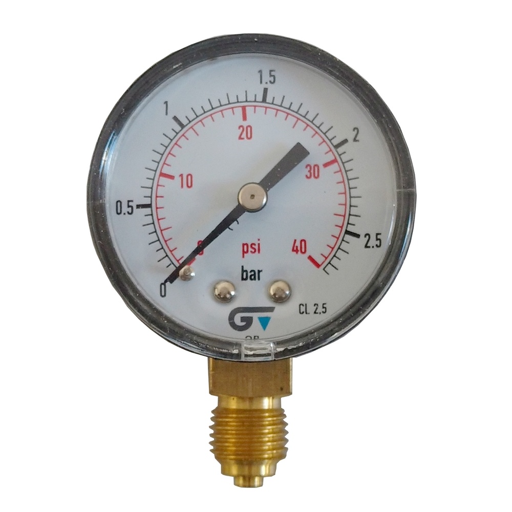 Manômetro Vertical 40 PSI / 2,5 Bar Com Rosca 1/4" BSP, Caixa Em ABS/Seco Ø 53 mm 