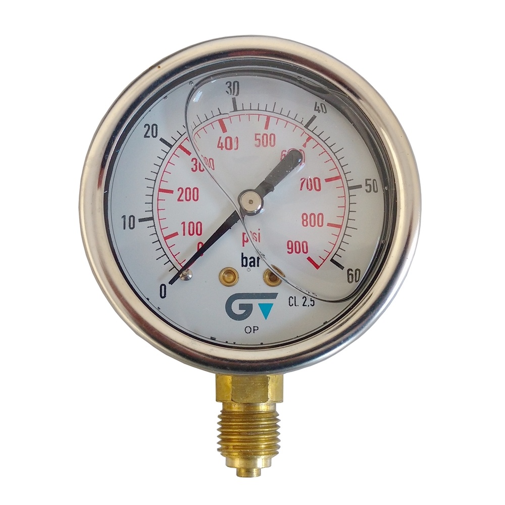 Manômetro Vertical 900 Psi / 60 Bar Com Rosca 1/4" BSP, Caixa Em Inox/Glicerina Ø 63 mm 